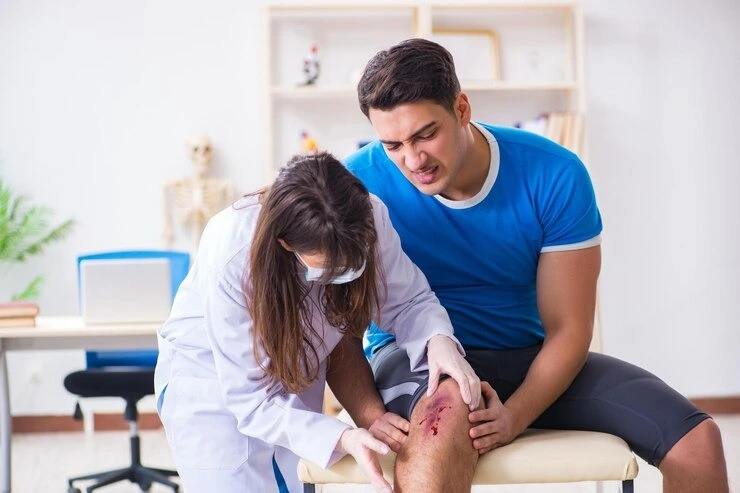 Podiatric specialist examining lower leg and knee trauma for custom orthotics fitting at Precision Podiatry in Alma